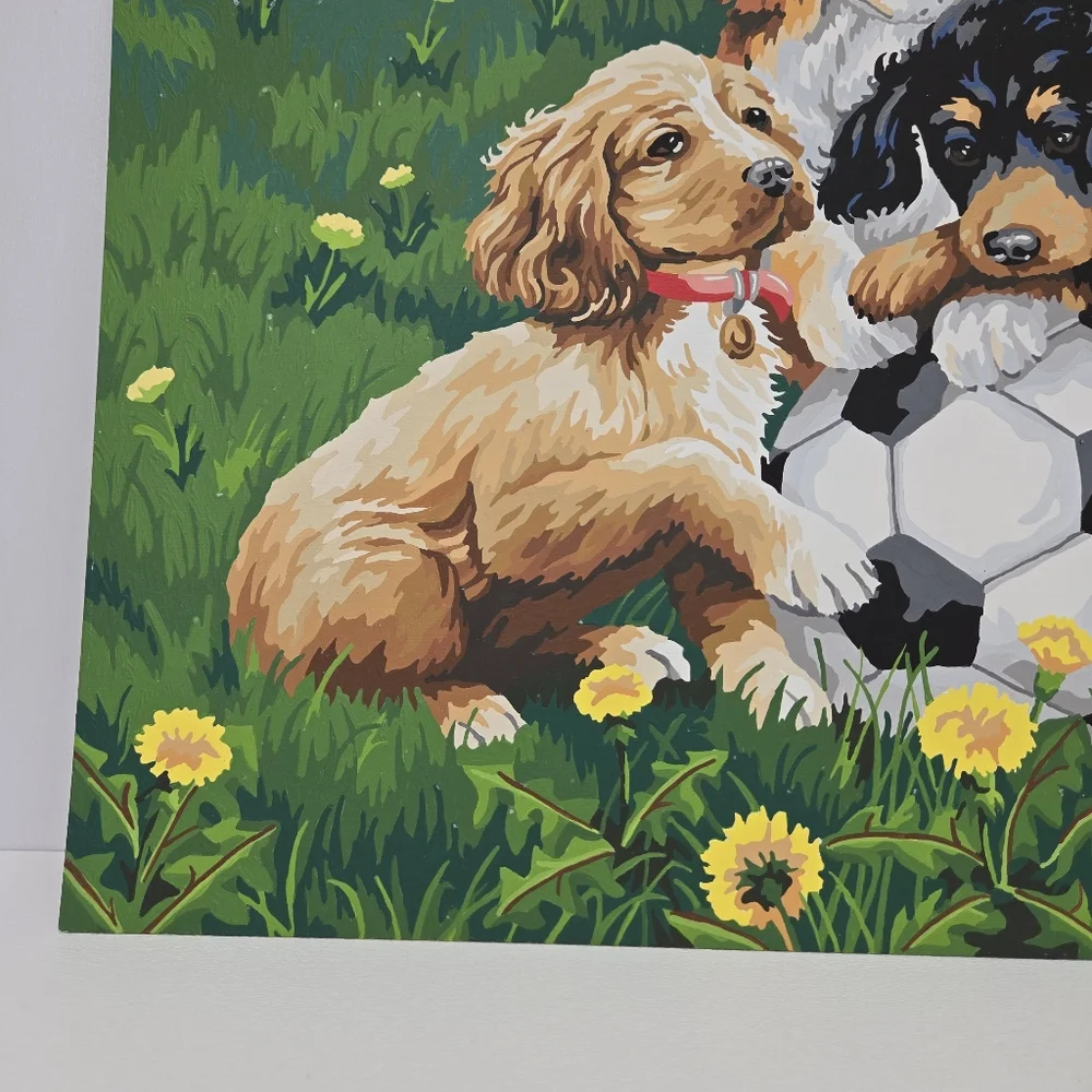 VTG Puppies and Soccer Paint By Number Finished Acrylic‎ Painting 14x20 Retriver